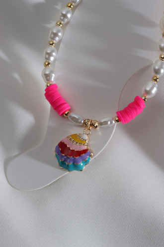 Pembe Fimo Boncuk Detaylı İncili Deniz Kabuğu Uçlu Halhal