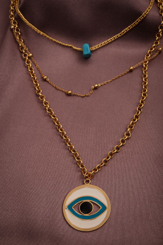Mavi Boncuklu Göz Figürlü 3'Lü Gold Renk Kolye