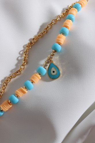 2'Li Turuncu Fimo Boncuklu Damla Sallantılı Mavi Mineli Bileklik