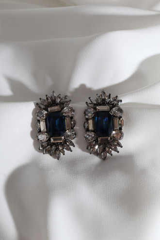 Büyük Lacivert Taşlı Antrasit Renk Abiye Küpe