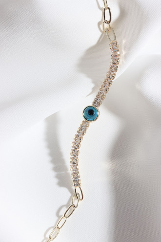 Kare Küçük Zircon Taşlı Nazar Boncuklu Gold Renk Zincir Bileklik