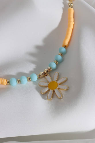 Turuncu Fimo Boncuklu Beyaz Mineli Papatya Bileklik