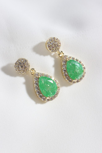 Neon Yeşil Taş Gold Renk Damla Küpe