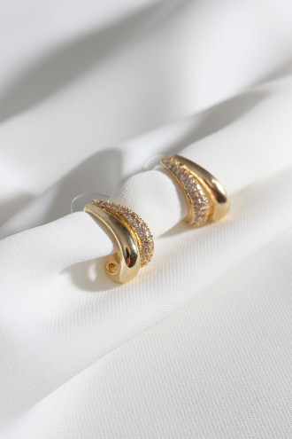 Zircon Taşlı 2'Li Görünümlü Gold Renk Küpe