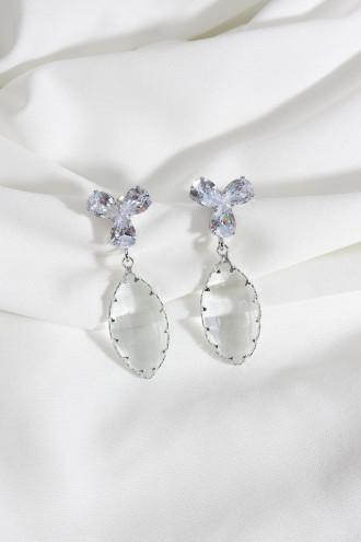 Gümüş Renk Badem Taşlı Kristal Abiye Küpe