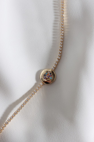 Renkli Taşlı Kalp Figürlü Zircon Taşlı Gold Renk Suyolu Bileklik