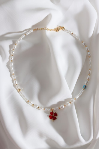 Kırmızı Mineli Yonca Uçlu İnci Kolye