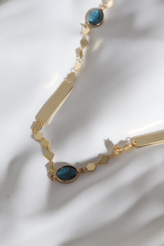 Mavi Taşlı Gold Renk Şerit Detaylı Kolye