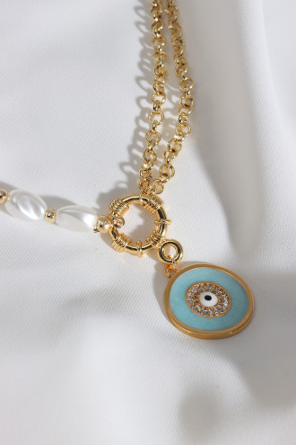 Mavi Mineli Nazar Uçlu Inci Kolye