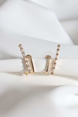 Baget Zircon Taşlı 2'Li Görünümlü Gold Renk Küpe