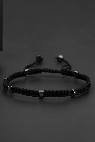 Siyah Ipli Makrome Örgülü Asansörlü Erkek Bileklik