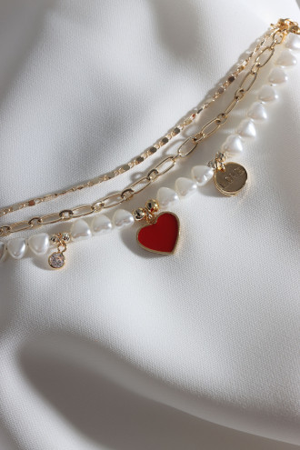 3'Lü İnci Detay Mineli Kalp Uçlu Gold Renk Bileklik