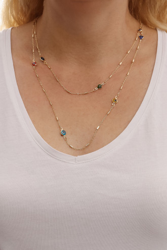 Uzun Renkli Nazarlı Gold Renk Kolye