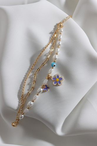 3'Lü Mor Papatyalı İnci Detay Zincir Bileklik