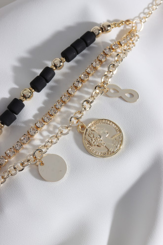 3'Lü Madalyon Sallantılı Siyah Lino Boncuklu Bileklik