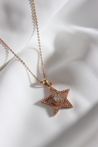 Zircon Taşlı Yıldızlı Rose Renk Kolye