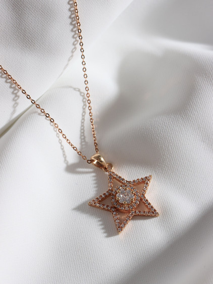 Zircon Taşlı Yıldızlı Rose Renk Kolye