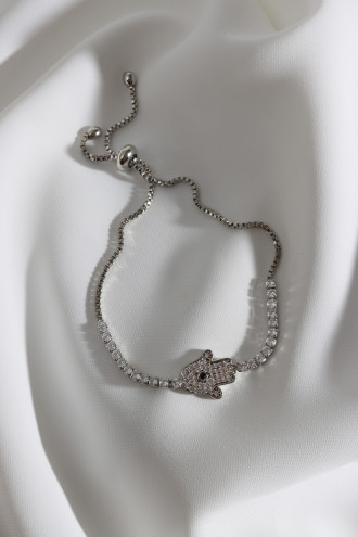 Gümüş Renk Zircon Taşlı Fatma Ana Eli Su Yolu Asansörlü Bileklik