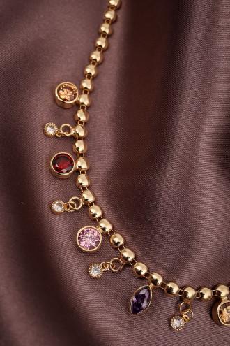 Renkli Sıra Taşlı Gold Renk Kolye