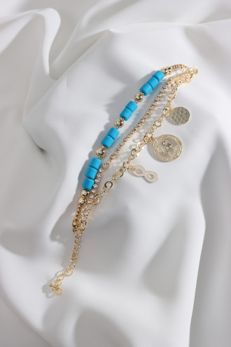 3'Lü Madalyon Sallantılı Mavi Lino Boncuklu Bileklik