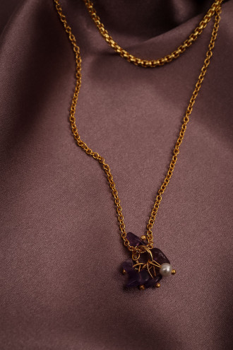 Mor Doğal Taş Sallantılı Ikili Zincir Kolye