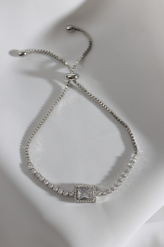 Beyaz Baget Taşlı Gümüş Renk Asansörlü Zircon Su Yolu Bileklik