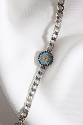 Zircon Taşlı Nazarlı Gümüş Renk Zincir Bileklik