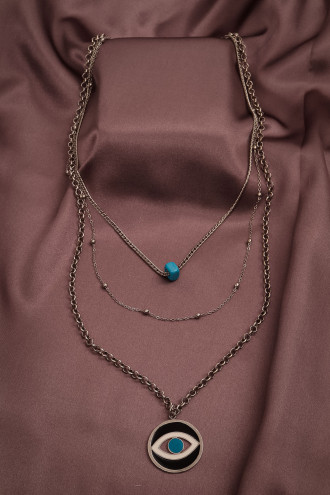 Mavi Boncuklu Göz Figürlü 3'Lü Gümüş Renk Kolye