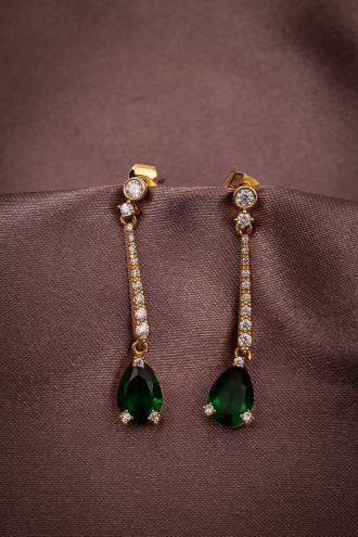 Yeşil Taşlı Gold Renk Sallantılı Abiye Küpe