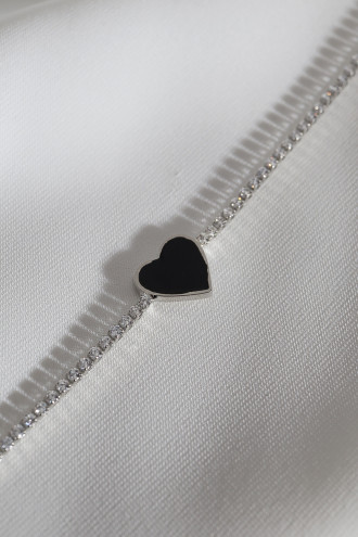 Sıyah Mineli Kalp Figür Su Yolu Gümüş Renk Bileklik