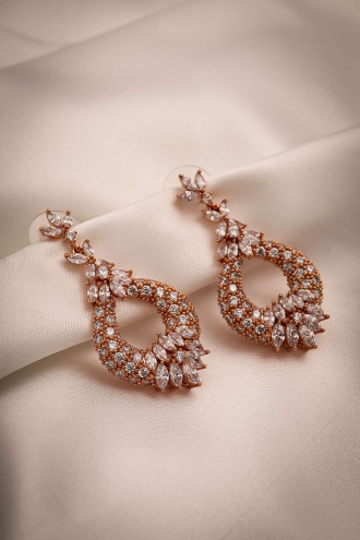 Rose Renk Zircon Taşlı Sallantılı Abiye Küpe