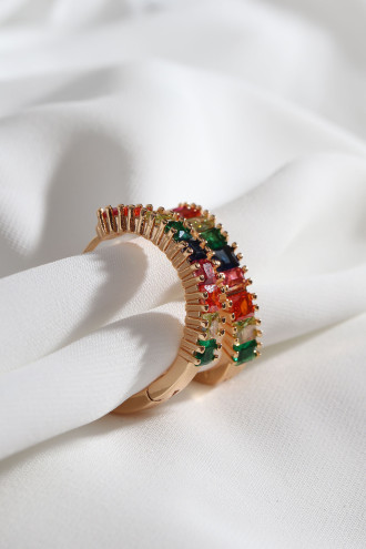 Kare Renkli Zircon Taşlı Gold Renk Halka Küpe