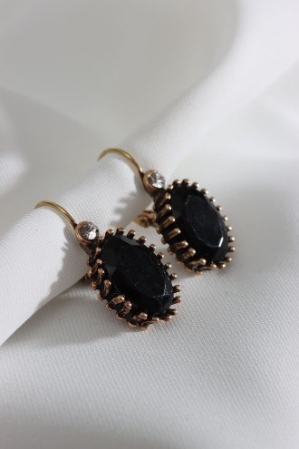 Büyük Boy Siyah Taşlı Oval Otantik Küpe