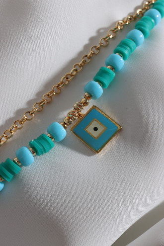 2'Li Yeşil Fimo Boncuklu Kare Sallantılı Mavi Mineli Bileklik