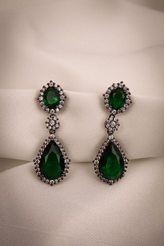 Yeşil Zircon Taşlı Sallantılı Antrasit Abiye Küpe