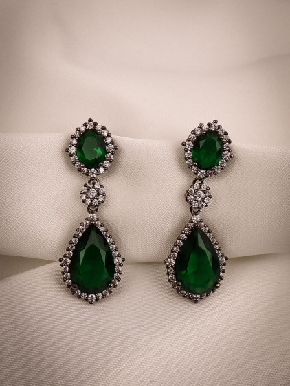 Yeşil Zircon Taşlı Sallantılı Antrasit Abiye Küpe