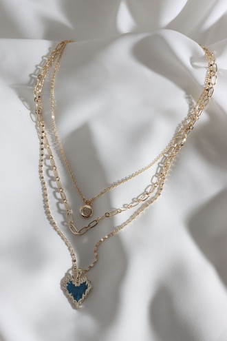 Mavi Mineli 3'Lü Gold Renk Alevli Kalp Zincir Kolye