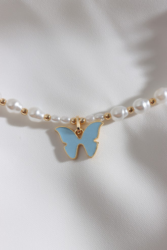 Mavi Kelebek Uçlu İnci Kolye