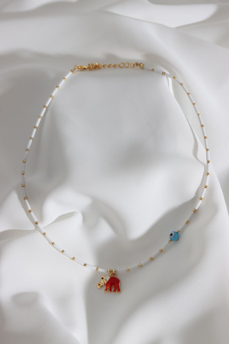 Kırmızı Mineli Fil Uçlu Beyaz Boncuk Kolye