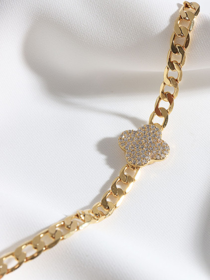 Zircon Taşlı Gold Renk Yonca Zincir Bileklik