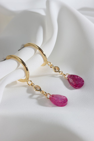 Mor Rengi Doğal Taşlı Halka Küpe