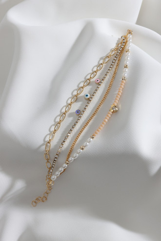 4'Lü Pembe Boncuk Detaylı Gold Renk Çoklu Bileklik