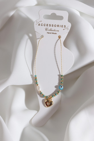 Boncuklu Zircon Taşlı Kalp Sallantılı Gold Renk Halhal