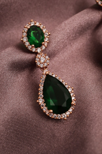 Yeşil Taşlı Rose Sallantılı Abiye Küpe