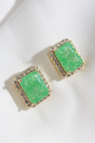 Neon Yeşil Taşlı Gold Renk Kare Küpe