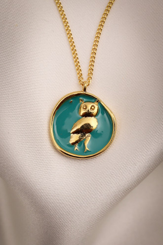 Mavi Mineli Baykuş Figürlü Gold Renk Kolye