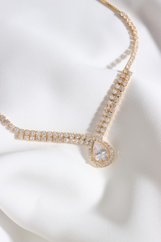 Damla Taşlı Vip Gold Renk Abiye Kolye