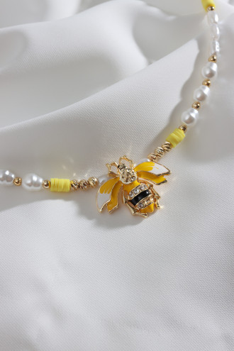 Arı Fügür Sarı Fimo Detaylı Inci Kolye