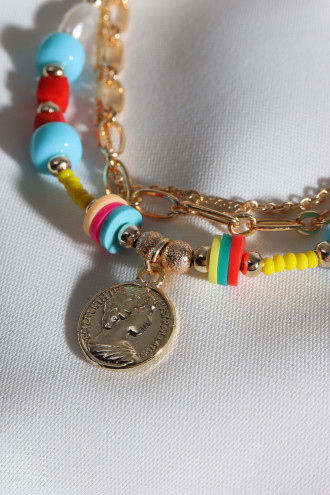 3'Lü Renkli Boncuk Detaylı Madalyon Uçlu Bileklik