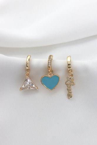 3'Lü Mavi Mineli Gold Renk Kalp Küpe